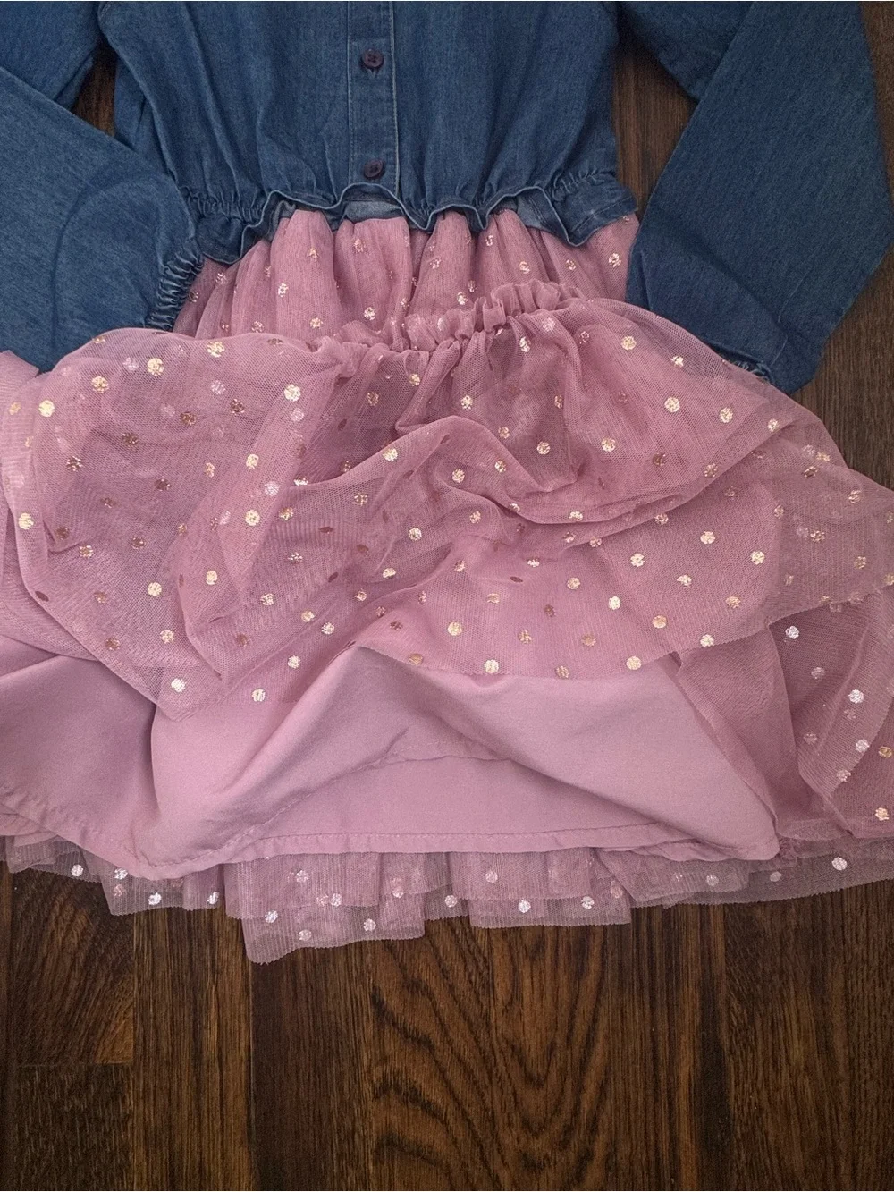 Girls' Navy Denim & Pink Sparkle Tiered Dress